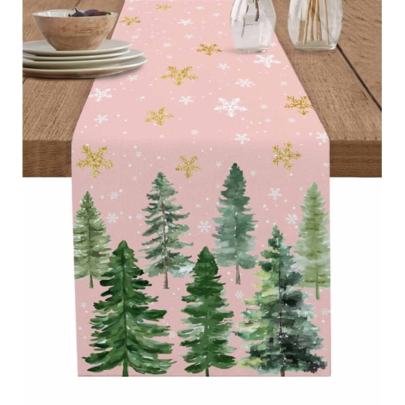 Table Runners 60 Inches Long Dress Scarves, Pink Christmas Tree Farmhouse Kitchen/Dining Table Runner, Small Coffee Tablerunners, Winter Watercolor Gold Snowflakes 13x60 Inch