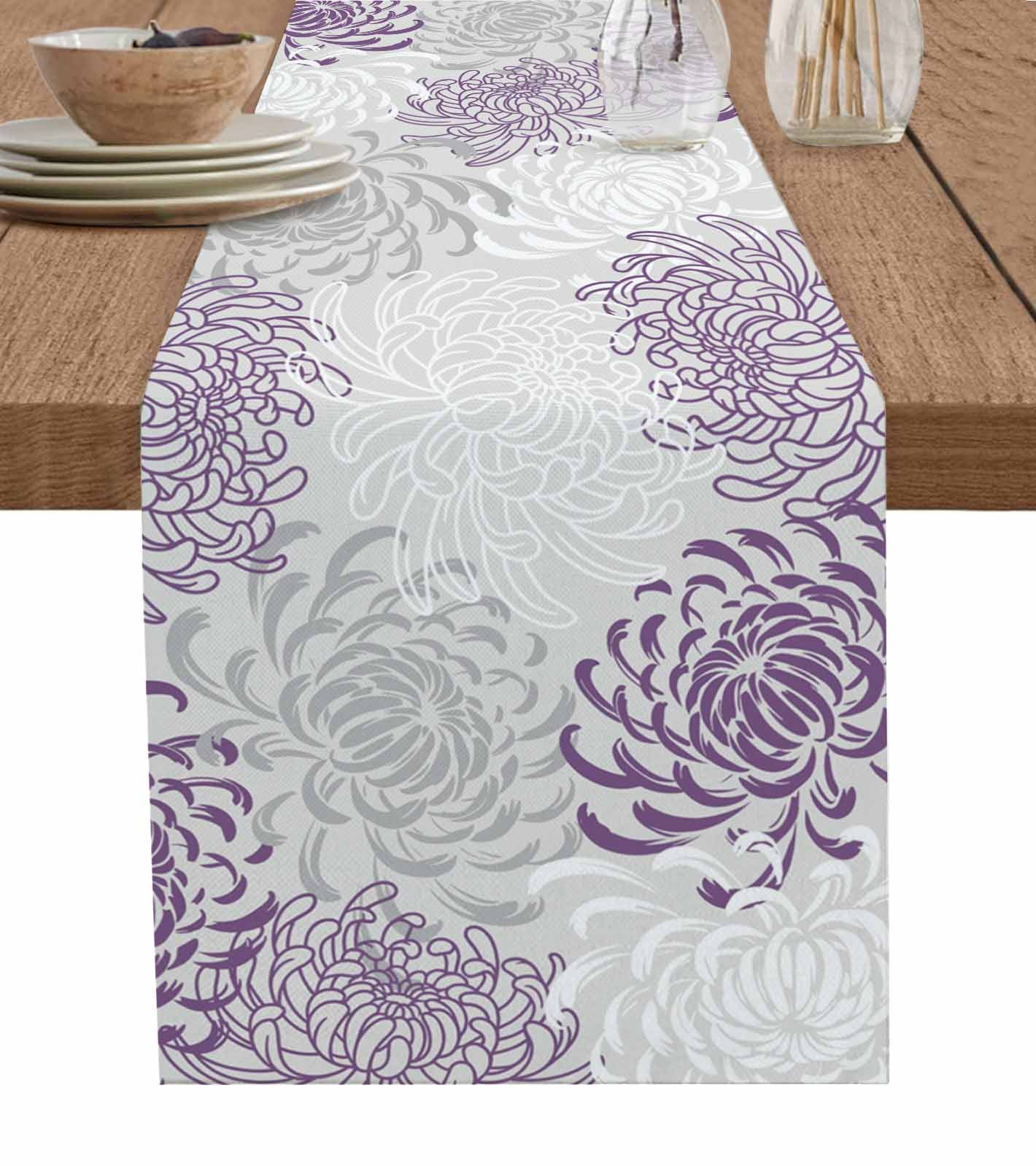 Table Runners 60 Inches Long Dress Scarves, Purple White Farmhouse Kitchen/Dining Table Runner, Small Coffee Tablerunners, Abstract Grey Chrysanthemum Flower Floral 13x60 Inch