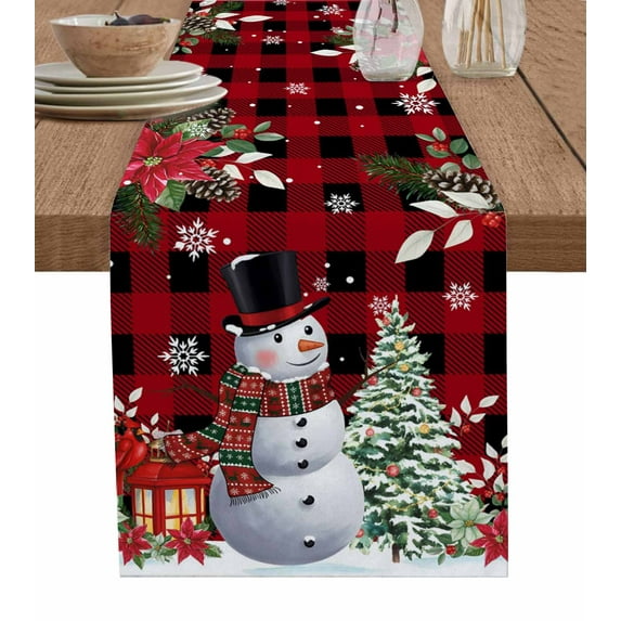 Table Runners 60 Inches Long Dress Scarves, Red Plaid Christmas Farmhouse Kitchen/Dining Table Runner, Small Coffee Tablerunners, Snowman Xmas Tree Poinsettia Snowflake 13x60 Inch