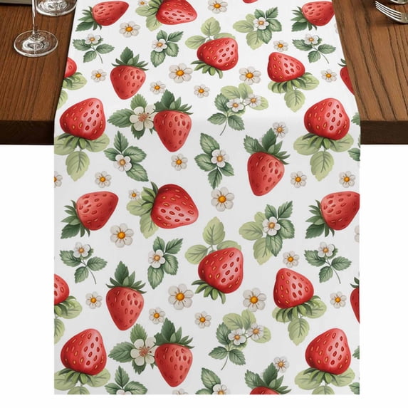 Table Runners 60 Inches Long Dress Scarves, Red Strawberry Farmhouse Kitchen/Dining Table Runner, Small Coffee Tablerunners, Summer Fruits Farmhouse Leaves Floral Rustic 13x60 Inch