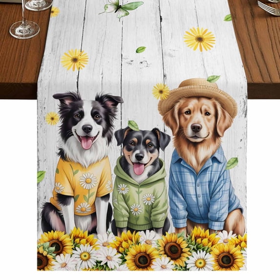 Table Runners 60 Inches Long Dress Scarves, Spring Dog Farmhouse Kitchen/Dining Table Runner, Small Coffee Tablerunners, Sunflower Daisy Botanical Vintage 13x60 Inch