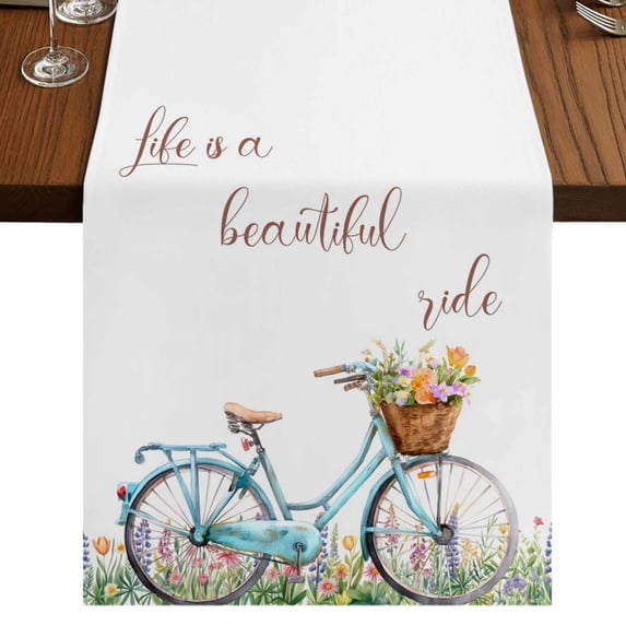 Table Runners 60 Inches Long Dress Scarves, Spring Farmhouse Kitchen/Dining Table Runner, Small Coffee Tablerunners, Farmhouse Bicycle Botanical Floral Flowers 13x60 Inch