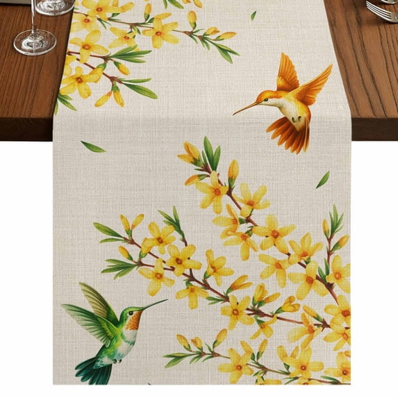 Table Runners 60 Inches Long Dress Scarves, Spring Floral Farmhouse Kitchen/Dining Table Runner, Small Coffee Tablerunners, Watercolor Forsythia Flowers Hummingbirds Beige 13x60 Inch