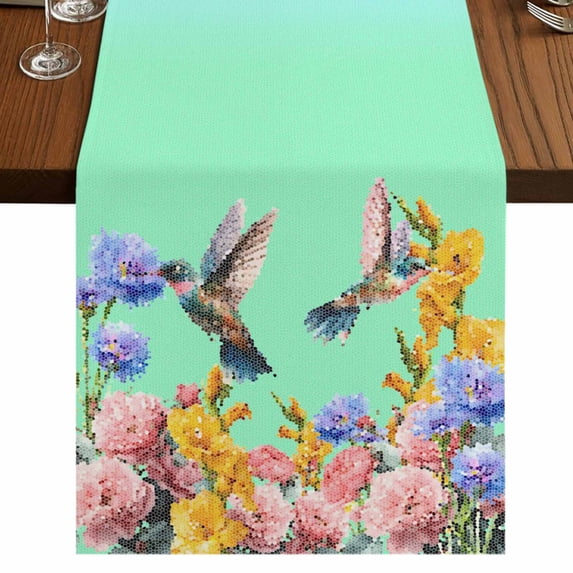 Table Runners 60 Inches Long Dress Scarves, Teal Green Hummingbirds Farmhouse Kitchen/Dining Table Runner, Small Coffee Tablerunners, Spring Watercolor Flowers Plant 13x60 Inch