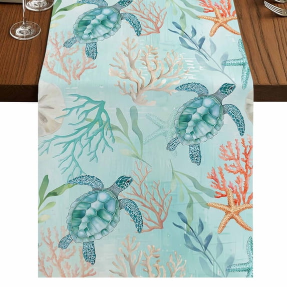 Table Runners 60 Inches Long Dress Scarves, Teal Red Turtle Coastal Farmhouse Kitchen/Dining Table Runner, Small Coffee Tablerunners, Summer Beach Nautical Coral Starfish 13x60 Inch