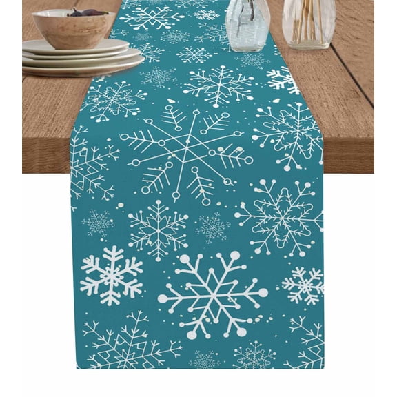 Table Runners 60 Inches Long Dress Scarves, Teal Snowflake Christmas Farmhouse Kitchen/Dining Table Runner, Small Coffee Tablerunners, Xmas Snowflake 13x60 Inch