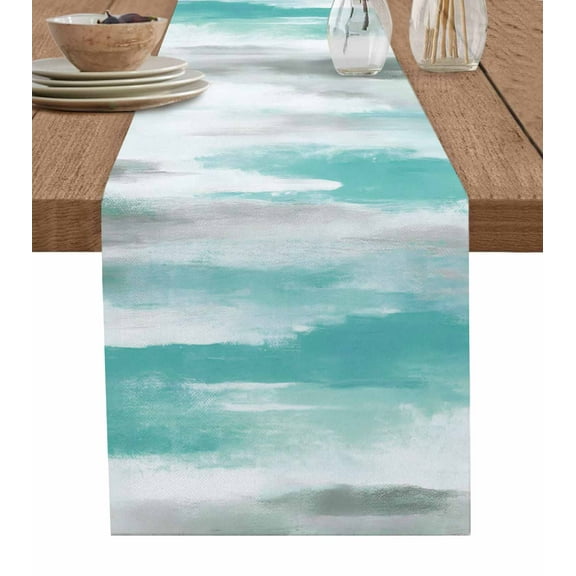 Table Runners 60 Inches Long Dress Scarves, Turquoise Gray White Farmhouse Kitchen/Dining Table Runner, Small Coffee Tablerunners, Country Abstract Ombre Mottled 13x60 Inch