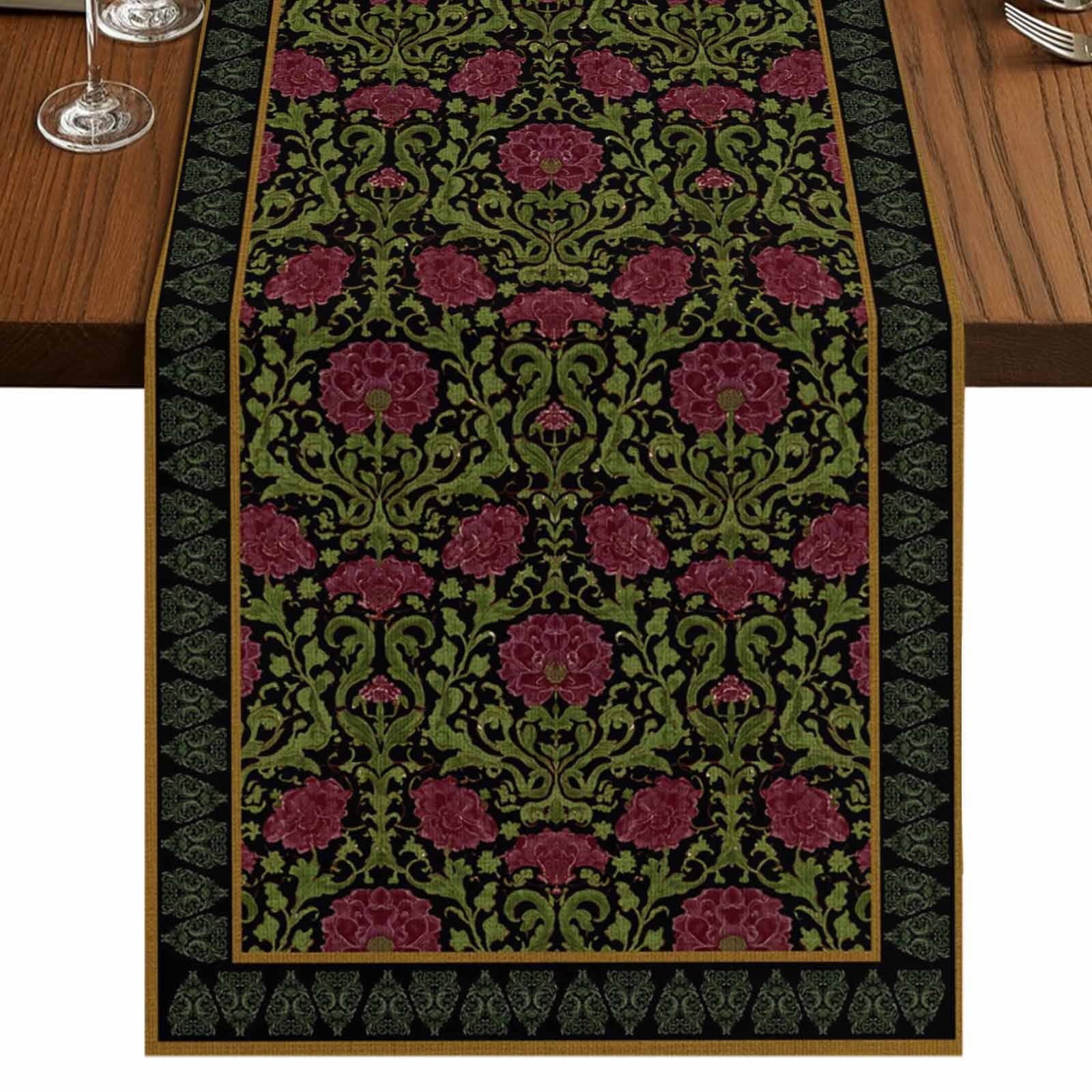 Table Runners 60 Inches Long Dress Scarves, Vintage Red Roses Farmhouse Kitchen/Dining Table Runner, Small Coffee Tablerunners, Abstract Art Floral Green Leaves 13x60 Inch