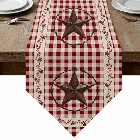Table Runners 60 Inches Long, Farmhouse Cotton Linen Kitchen Dining Coffee Table Runner for Party Home Decor, Vintage Star Retro Rustic Checked Grid Lodge Tabletop Dresser Scarves Runner 13x60 Inch