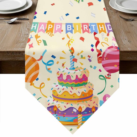Table Runners 60 Inches Long, Happy Birthday Cake Cotton Linen Kitchen Dining Coffee Table Runner for Party Home Decor, Ribbon Balloon Cartoon Cute Tabletop Dresser Scarves Runner Decor 13x60 Inch
