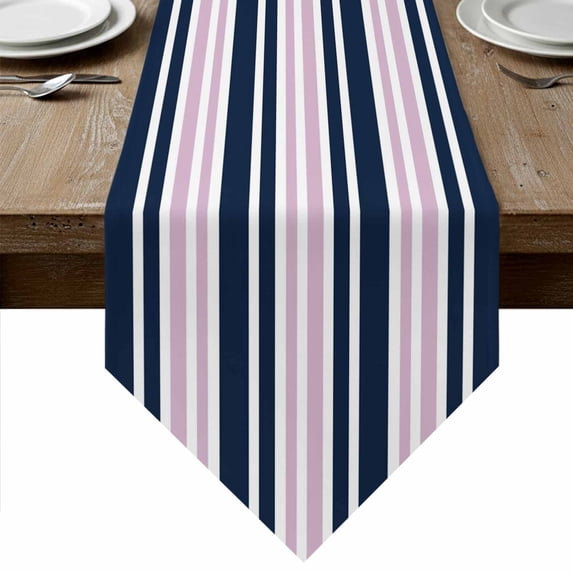 Table Runners 60 Inches Long, Navy Blue Pink Striped Cotton Linen Kitchen Dining Coffee Table Runner for Party Home Decor, Gradient Horizontal Lines Tabletop Dresser Scarves Runner Decor 13x60 Inch