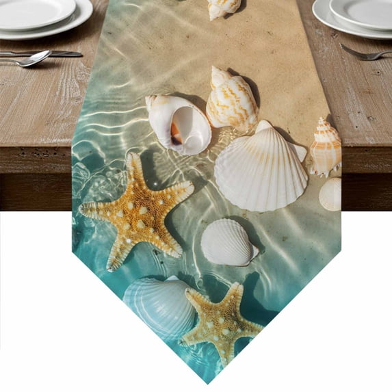 Table Runners 60 Inches Long, Ocean Shell Cotton Linen Kitchen Dining Coffee Table Runner for Party Home Decor, Beach Starfish Sea Water Sand Shore Tabletop Dresser Scarves Runner Decor 13x60 Inch