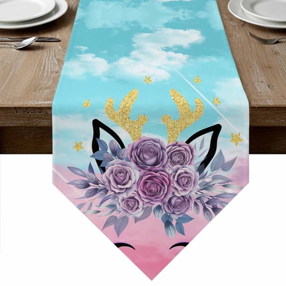 Table Runners 60 Inches Long, Purple Rose Antlers Cotton Linen Kitchen Dining Coffee Table Runner for Party Home Decor, Abstract Art Teal Pink Fancy Flowers Tabletop Dresser Scarves 13x60 Inch