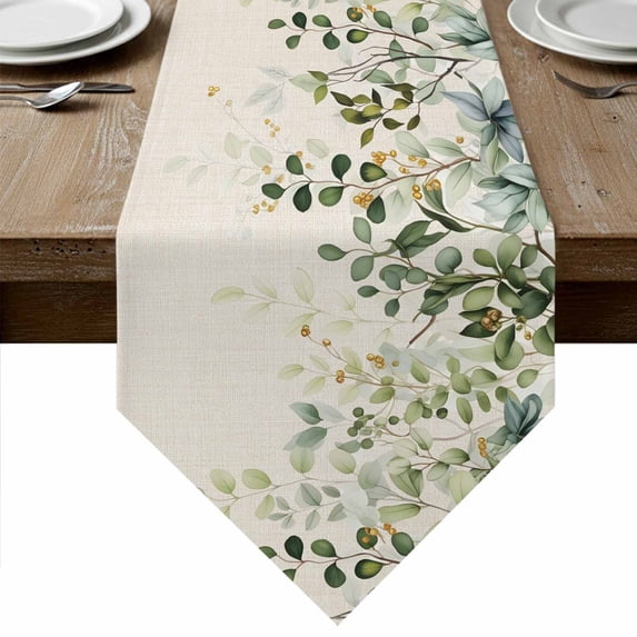 Table Runners 60 Inches Long, Sage Green Cotton Linen Kitchen Dining Coffee Table Runner for Party Home Decor, Eucalyptus Leaves Tabletop Dresser Scarves Runner Decor 13x60 Inch