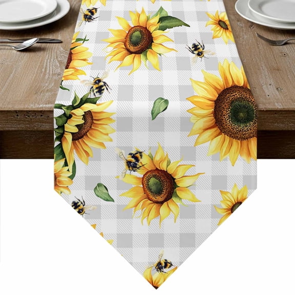 Table Runners 60 Inches Long, Sunflower Cotton Linen Kitchen Dining Coffee Table Runner for Party Home Decor, Farmhouse Grey Buffalo Check Floral Bee Tabletop Dresser Scarves Runner 13x60 Inch