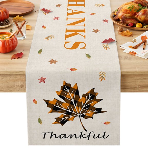 Table Runners-70 Inch Long,Fall Maple Leaf Orange Buffalo Plaid Linen Dresser Scarves Dining Table Runner Thanksgiving Thankful Quote Tabletop Scarf for Home Kitchen Holiday Party Decor