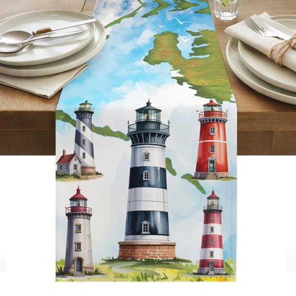 Table Runners-70 Inch Long,Summer Coastal Nautical Lighthouse Linen Dresser Scarves Dining Table Runner Ocean Beach Theme Tabletop Scarf for Home Kitchen Holiday Party Decor