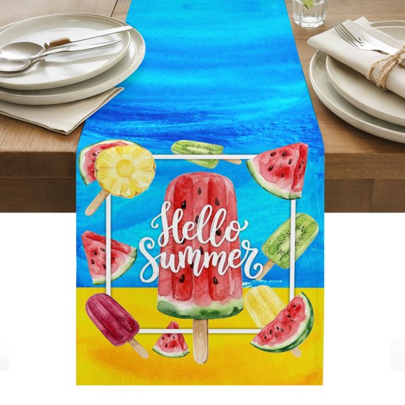 Table Runners-70 Inch Long,Summer Watercolor Fruit Ice-lolly Linen Dresser Scarves Dining Table Runner Watermelon Pineapple Kiwi Tabletop Scarf for Home Kitchen Holiday Party Decor