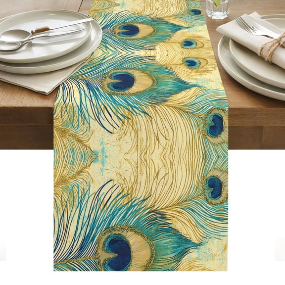Table Runners-70 Inch Long,Watercolor Peacock Feathers on Vintage Linen Dresser Scarves Dining Table Runner Abstract Feather Tabletop Scarf for Home Kitchen Holiday Party Decor