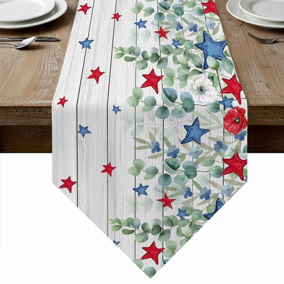 Table Runners 70 Inches Long, 4th of July Cotton Linen Kitchen Dining Coffee Table Runner for Party Home Decor, Memorial Day Patriotic Star Leaf Wooden Tabletop Dresser Scarves Runner 13x70 Inch