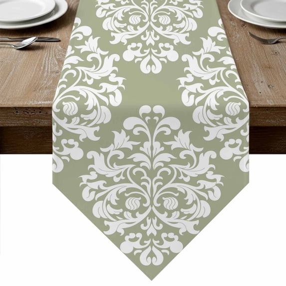 Table Runners 70 Inches Long, Baroque Sage Green Cotton Linen Kitchen Dining Coffee Table Runner for Party Home Decor, Vintage Damask Classic Floral Tabletop Dresser Scarves Runner Decor 13x70 Inch