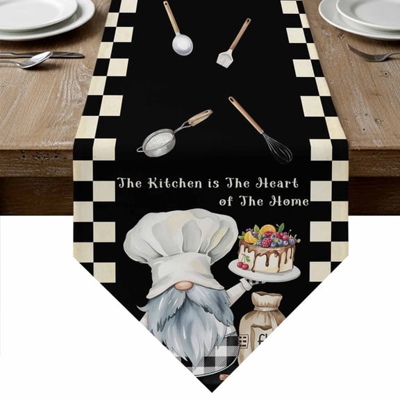 Table Runners 70 Inches Long, Chef Gnomes Cotton Linen Kitchen Dining Coffee Table Runner for Party Home Decor, Black White Plaid Dessert Maker Cake Tabletop Dresser Scarves Runner Decor 13x70 Inch