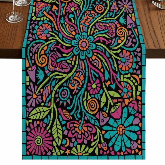 Table Runners 70 Inches Long Dress Scarves, Abstract Flower Farmhouse Coffee/Dining/Kitchen Table Decor, Holiday Table Runner, Vintage Botanical Geometric Floral 13x70 Inch