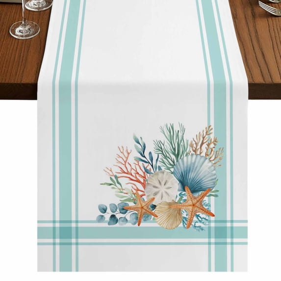 Table Runners 70 Inches Long Dress Scarves, Aqua Coastal Farmhouse Coffee/Dining/Kitchen Table Decor, Holiday Table Runner, Nautical Seashells Coral Leaves Stripes 13x70 Inch