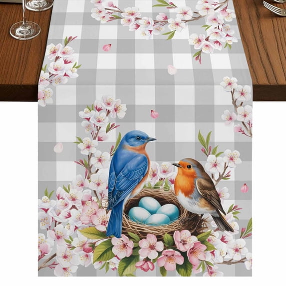 Table Runners 70 Inches Long Dress Scarves, Birds Floral Farmhouse Coffee/Dining/Kitchen Table Decor, Holiday Table Runner, Farmhouse Country Pink Flower Leaf Grey Plaid 13x70 Inch
