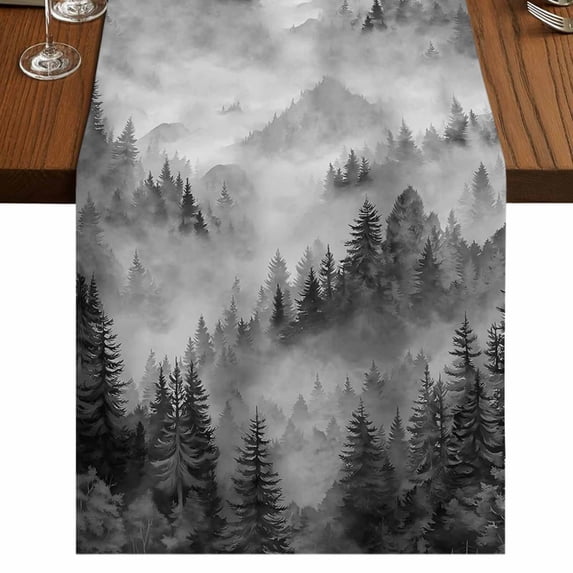 Table Runners 70 Inches Long Dress Scarves, Black Grey Mountain Farmhouse Coffee/Dining/Kitchen Table Decor, Holiday Table Runner, Misty Forest Nature Woodland Pine Tree Landscape 13x70 Inch