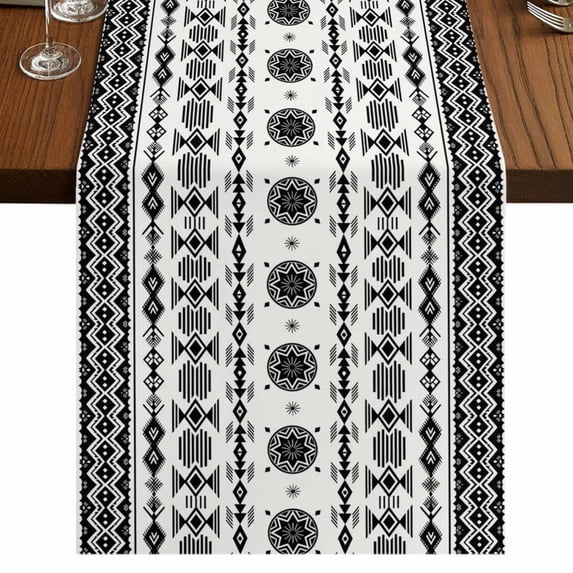 Table Runners 70 Inches Long Dress Scarves, Black White Boho Farmhouse Coffee/Dining/Kitchen Table Decor, Holiday Table Runner, Vintage Abstract Art Ethnic Tribe 13x70 Inch