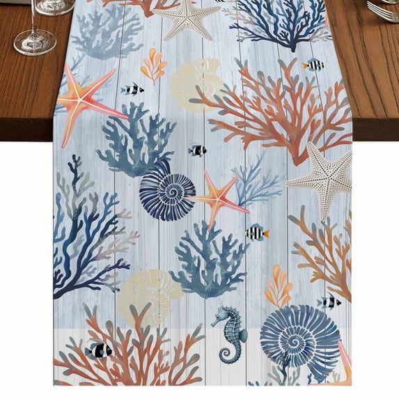 Table Runners 70 Inches Long Dress Scarves, Blue Coastal Farmhouse Coffee/Dining/Kitchen Table Decor, Holiday Table Runner, Coral Shell Starfish Seahorse Summer Beach 13x70 Inch