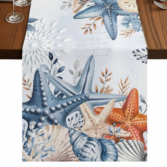 Table Runners 70 Inches Long Dress Scarves, Blue Coastal Farmhouse Coffee/Dining/Kitchen Table Decor, Holiday Table Runner, Summer Beach Starfish Weeping Eucalyptus Ombre 13x70 Inch