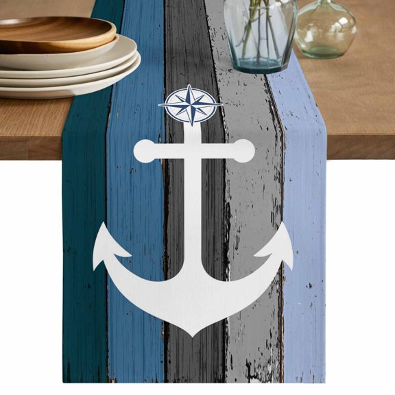 Table Runners 70 Inches Long Dress Scarves, Blue Nautical Anchor Farmhouse Coffee/Dining/Kitchen Table Decor, Holiday Table Runner, Rustic Distressed Wood Grain 13x70 Inch