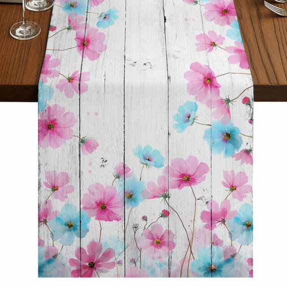 Table Runners 70 Inches Long Dress Scarves, Blue Pink Flowers Farmhouse Coffee/Dining/Kitchen Table Decor, Holiday Table Runner, Spring Garden Floral Gray Wooden 13x70 Inch
