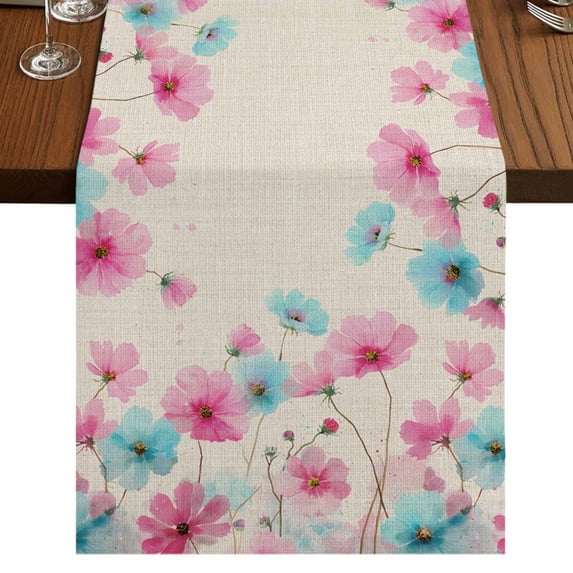Table Runners 70 Inches Long Dress Scarves, Blue Pink Flowers Farmhouse Coffee/Dining/Kitchen Table Decor, Holiday Table Runner, Spring Garden Floral Rustic Burlap 13x70 Inch