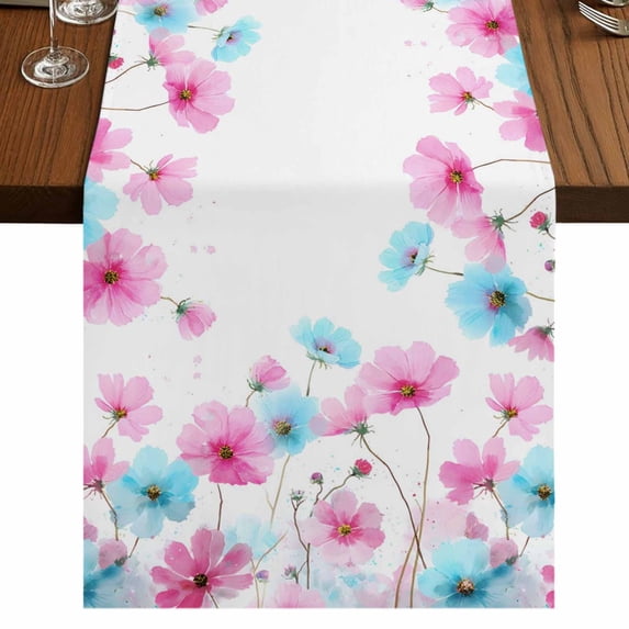 Table Runners 70 Inches Long Dress Scarves, Blue Pink Flowers Farmhouse Coffee/Dining/Kitchen Table Decor, Holiday Table Runner, Spring Garden Floral Watercolor 13x70 Inch