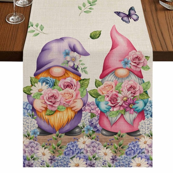 Table Runners 70 Inches Long Dress Scarves, Blue Purple Gnomes Farmhouse Coffee/Dining/Kitchen Table Decor, Holiday Table Runner, Spring Vintage Hydrangea Flower Leaf 13x70 Inch