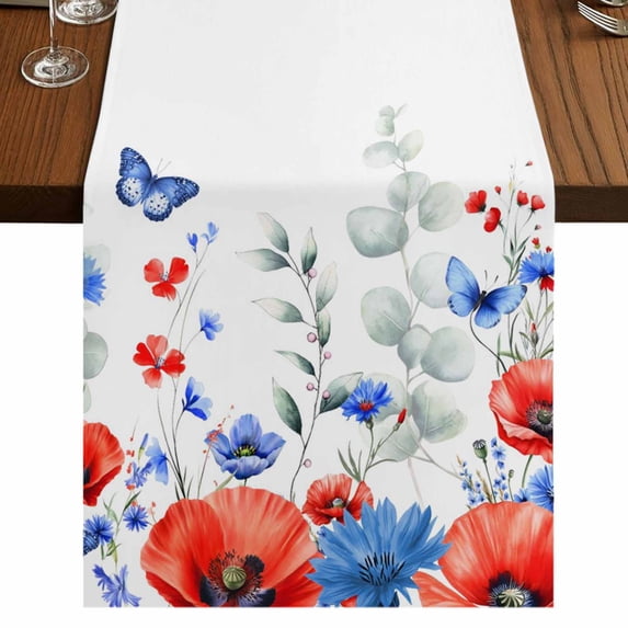 Table Runners 70 Inches Long Dress Scarves, Blue Red Flowers Farmhouse Coffee/Dining/Kitchen Table Decor, Holiday Table Runner, Elegant Spring Floral Butterfly Watercolor 13x70 Inch