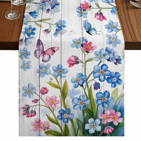 Table Runners 70 Inches Long Dress Scarves, Blue Spring Floral Farmhouse Coffee/Dining/Kitchen Table Decor, Holiday Table Runner, Pink Flowers Butterfly Wooden Watercolor 13x70 Inch