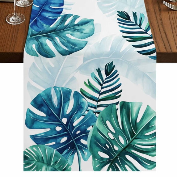Table Runners 70 Inches Long Dress Scarves, Blue Teal Leaves Farmhouse Coffee/Dining/Kitchen Table Decor, Holiday Table Runner, Summer Botanical Watercolor Leaf 13x70 Inch