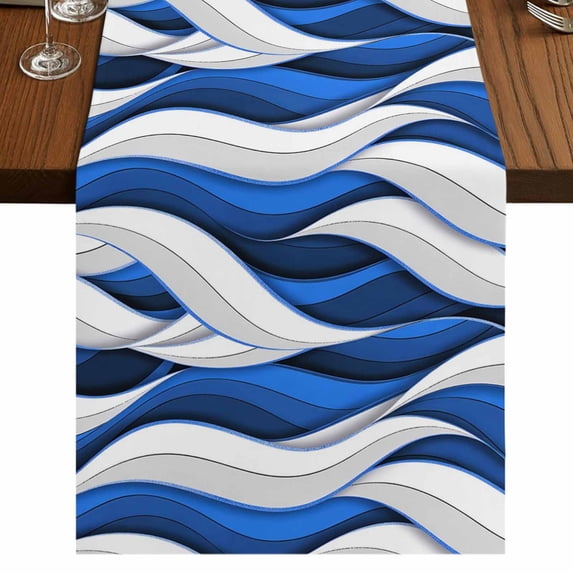 Table Runners 70 Inches Long Dress Scarves, Blue White Moire Farmhouse Coffee/Dining/Kitchen Table Decor, Holiday Table Runner, Modern Abstract Art 13x70 Inch