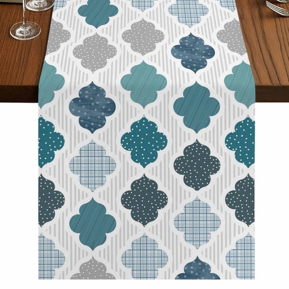 Table Runners 70 Inches Long Dress Scarves, Bohemia Farmhouse Coffee/Dining/Kitchen Table Decor, Holiday Table Runner, Vintage Moroccan Geometric Pattern Blue Green Gray 13x70 Inch