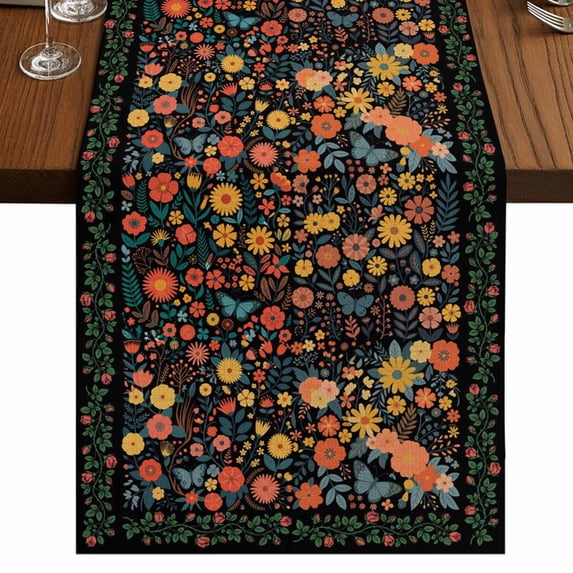 Table Runners 70 Inches Long Dress Scarves, Boho Black Flowers Farmhouse Coffee/Dining/Kitchen Table Decor, Holiday Table Runner, Spring Abstract Watercolor Floral Leaf 13x70 Inch
