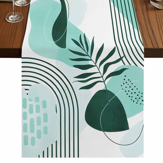 Table Runners 70 Inches Long Dress Scarves, Boho Geometric Farmhouse Coffee/Dining/Kitchen Table Decor, Holiday Table Runner, Aqua Ethnic Abstract Stripes Leaves 13x70 Inch