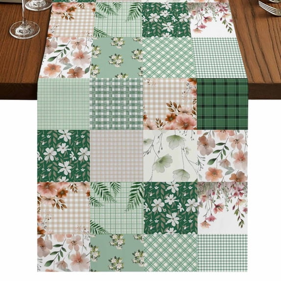 Table Runners 70 Inches Long Dress Scarves, Boho Spring Floral Farmhouse Coffee/Dining/Kitchen Table Decor, Holiday Table Runner, Retro Flowers Plants Patchwork Grid Green 13x70 Inch