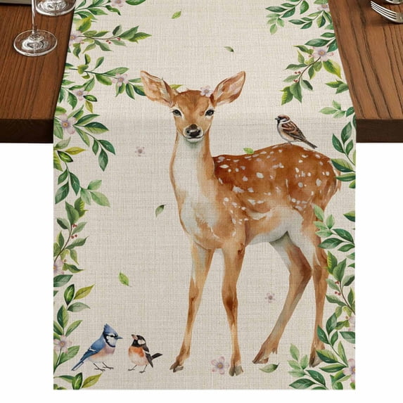 Table Runners 70 Inches Long Dress Scarves, Botanical Farmhouse Coffee/Dining/Kitchen Table Decor, Holiday Table Runner, Spring Leaves Flowers Deers Birds Country Biege 13x70 Inch