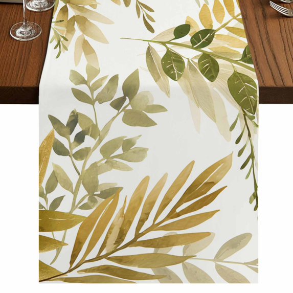 Table Runners 70 Inches Long Dress Scarves, Brown Green Leaves Farmhouse Coffee/Dining/Kitchen Table Decor, Holiday Table Runner, Summer Botanical Farmhouse Watercolor Leaf 13x70 Inch