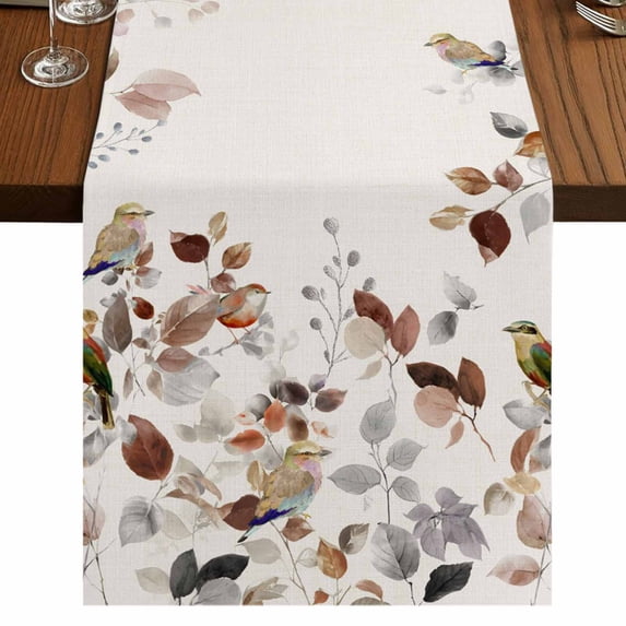 Table Runners 70 Inches Long Dress Scarves, Brown Grey Leaves Farmhouse Coffee/Dining/Kitchen Table Decor, Holiday Table Runner, Summer Botanical Pastoral Birds Rustic 13x70 Inch