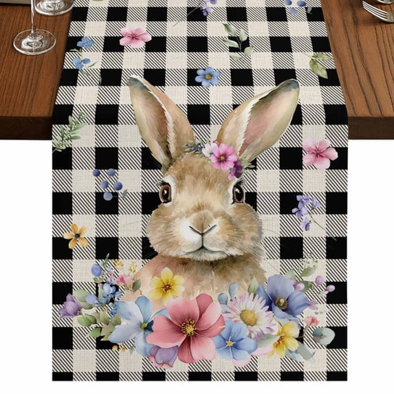 Table Runners 70 Inches Long Dress Scarves, Bunny Easter Farmhouse Coffee/Dining/Kitchen Table Decor, Holiday Table Runner, Black Plaid Spring Floral Pastoral Retro Art 13x70 Inch